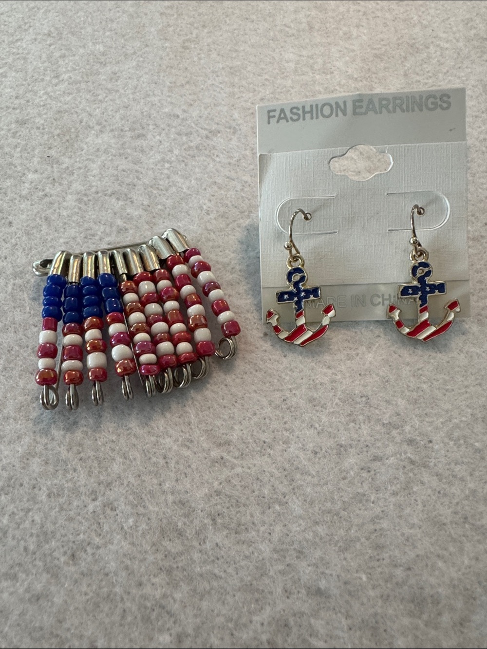 Vintage Patriotic Beaded Pin & Anchor Dangle Earrings - Red White Blue
